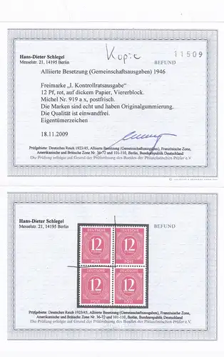 MiNr. 919ax, 1946 in a-Farbe auf x-Papier,Befundkopie Schlegel, aus Viererblock