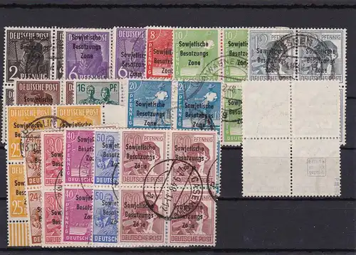 SBZ: MiNr. 182/197, gestempelt, Viererblöcke, 195a und 189d geprüft