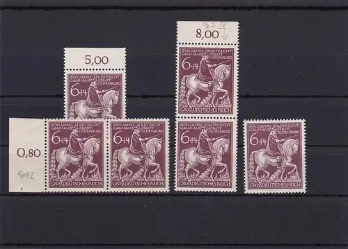 III. Reich: MiNr. 907 I, III, IV, VI, postfrisch