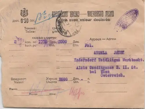 Jugoslawien: 1928: Wertbrief nach Hadersdorf/Österreich
