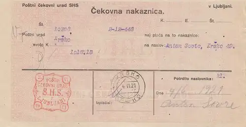 Yougoslavie: 1921 Cekovna nakaznica - Ljubljani vers Krsko