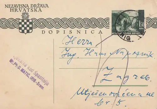Yougoslavie: 1942: entier Irig-Srom après Zagreb