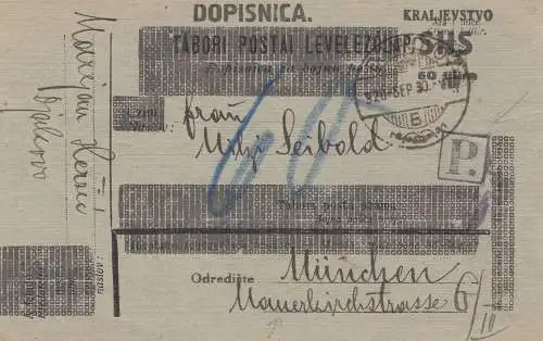 Jugoslawien: 1930 Dopisnica nach München