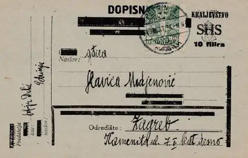 Jugoslawien: 1924 Dopisnica nach Zagreb