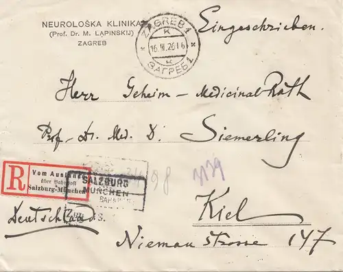Yougoslavie:1926: Enregistré Zagreb vers Kiel: Salzbourg-Munchen-Bahnpost