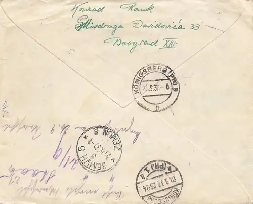 Yougoslavie: 1937: Lettre recommandé Beograd à Königsberg