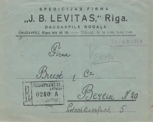 Lettland: 1928: Einschreiben Daugavpllils Nodala nach Berlin