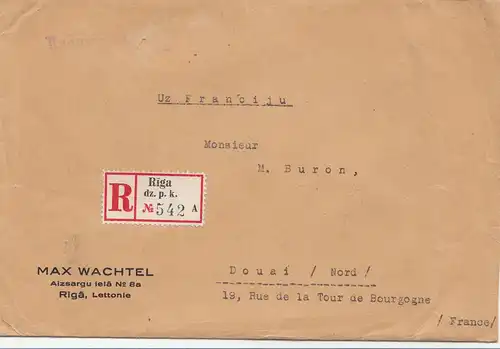 Lettonie: 1938: lettre recommandée Riga après Douai - France