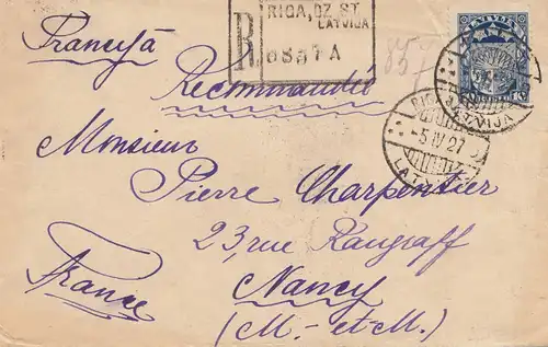 Lettonie: 1927: lettre recommandée Riga vers Nancy/France
