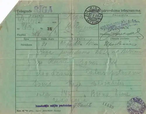 Lettland: 1930 Riga - Frankiertes Telegramm