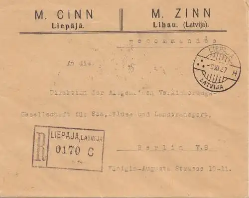 Lettonie: 1927: Libau vers Berlin - recommandé