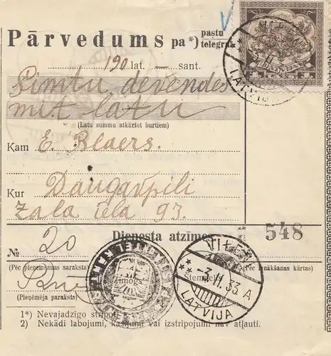 Lettland: 1933: Paketkarte Parvedums - Vileni nach Daugawpils