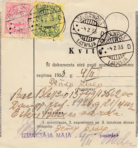 Lettland: 1933: Paketkarte Parvedums - Vileni nach Daugawpils