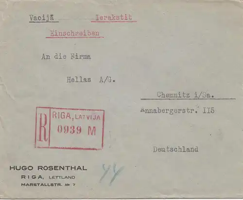 Lettonie: 1930: lettre recommandée Riga vers Chemnitz