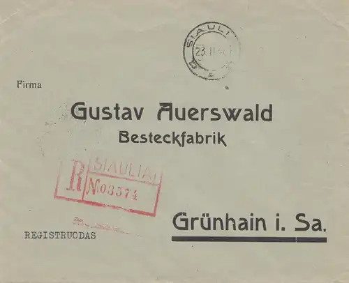 Litauen: 1934: Einschreiben Siauliai nach Grünhain/Sachsen