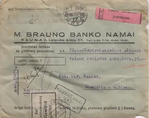 Lituanie: 1936: Kaunas - Lettre de valeur selon Chemnitz: surveillance des changes