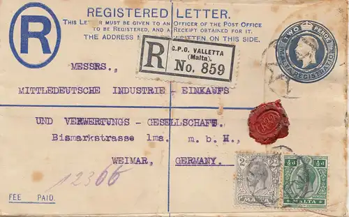 Malta: 1921: Einschreiben Ganzsachenumschlag Valletta nach Weimar