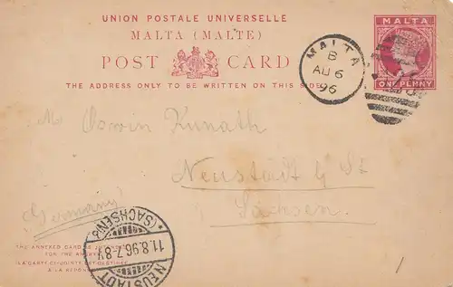 Malte: 1896: Post Card vers Neustadt/Saxe