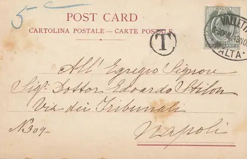 Malte: 1904: Carte postale de Napoli - Taxe