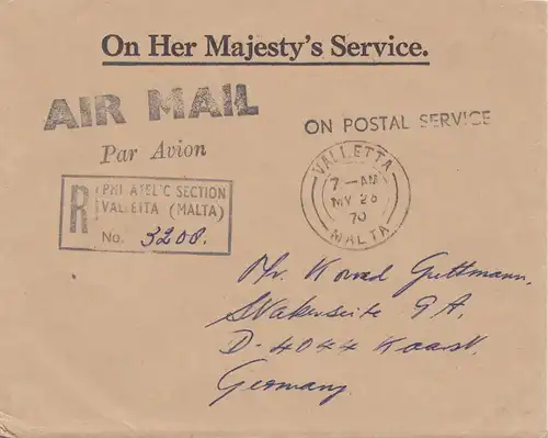 Malte: 1970: Air Mail recommandé - La Valette en Allemagne
