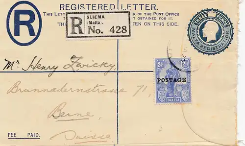 Malte: 1927: Lettre recommandé Sliema à Berne