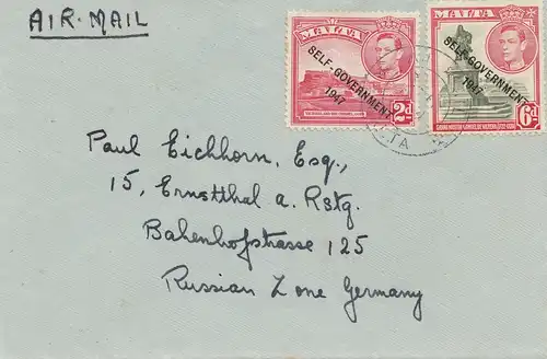 Malta: 1954: Brief als Luftpost nach Ermstthal
