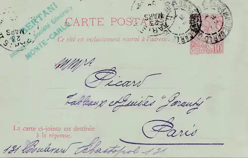 Monaco: 1908: Ganzsache P10 nach Paris mit Antwortkarte