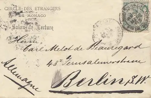 Monaco: 1893: Lettre à Berlin.