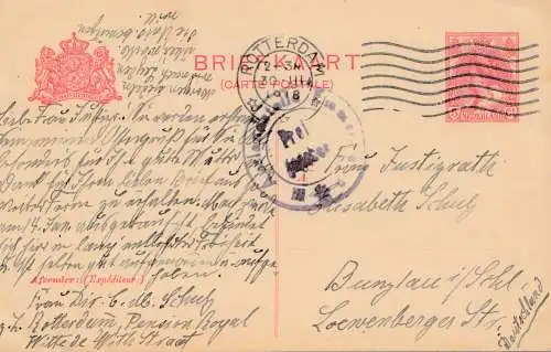 Niederlande: 1918: Ganzsache Rotterdam nach Burglau