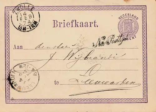 Niederlande: 1874: Ganzsache Zwolle nach Leeuwarden
