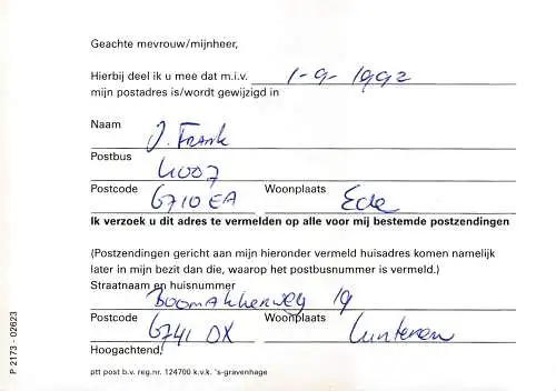 Niederlande: 1992: Wijziging postadres