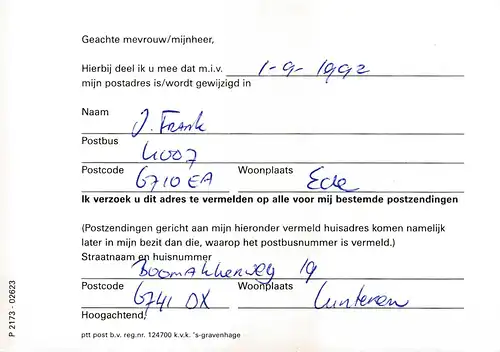 Pays-Bas: 1992: Wijziging postadres