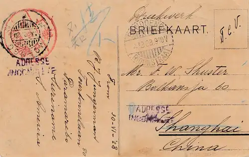 Niederlande: 1928: Briefkaart - Drucksache nach Shanghai
