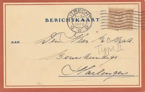 Niederlande: 1922: Berichtkaart Utrecht nach Harlingen - Type II