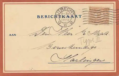 Pays-Bas: 1922: Rapportkaart Utrecht apr. Harlingen - Type II