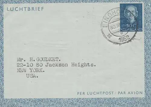 Niederlande: 1952: Eindhofen nach USA-Luftpost