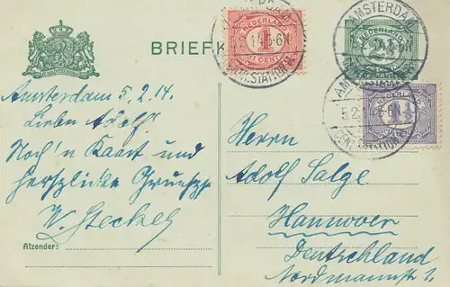 Pays-Bas: 1914: Briefkaart Amsterdam après Hanovre