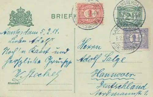 Pays-Bas: 1914: Briefkaart Amsterdam après Hanovre