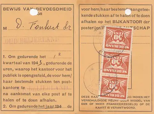 Pays-Bas: 1942: Bewijs van Bevoegdheid voor het afhalen van Stukken