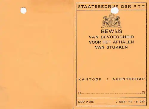 Pays-Bas: 1942: Bewijs van Bevoegdheid voor het afhalen van Stukken