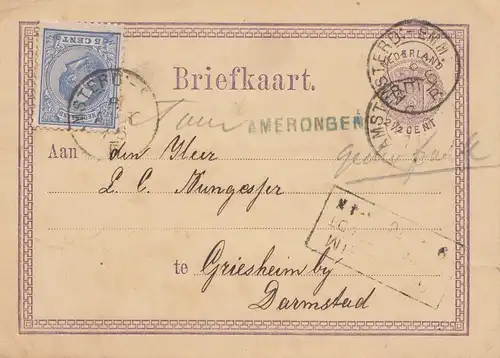 Pays-Bas: 1876: Affaire entière SchiffkaartAmerongen vers Griesheim/Darsstadt