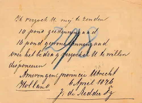 Pays-Bas: 1876: Affaire entière SchiffkaartAmerongen vers Griesheim/Darsstadt