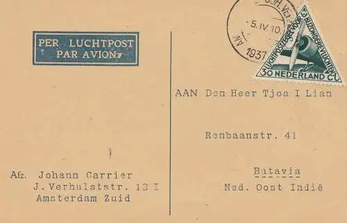Niederlande: 1937: Luftpost Amsterdam nach Batavia/India