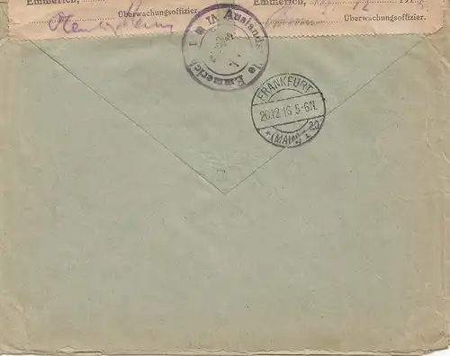 Pays-Bas: 1916: Lettre recommandé Amsterdam vers Francfort - censure