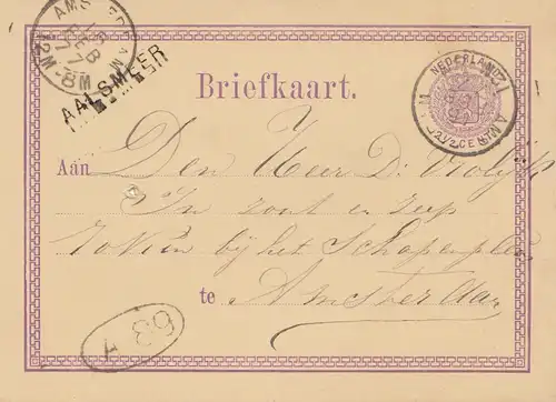 Niederlande: 1877: Ganzsache Briefkaart nach Amstellen