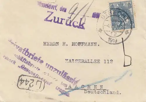 Niederlande: 1919: Utrecht nach Aachen - Düsseldorf Privatbriefe unzulässig!!!