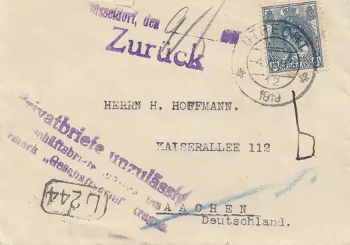 Pays-Bas: 1919: Utrecht d'après Aachen - Düsseldorf Lettres privées irrecevables!!