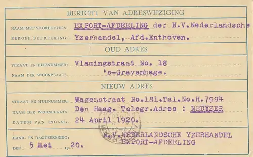 Pays-Bas: 1920: Haarlem-Ganzkasse 5x Adreswijziging