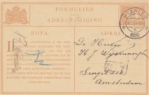 Pays-Bas: 1920: Haarlem-Ganzkasse 5x Adreswijziging