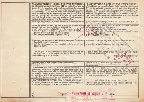 Pays-Bas: 1932: Cartes de colis vers la Belgique